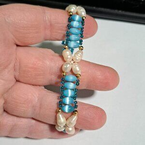blue and white beaded fresh water pearl bracelet